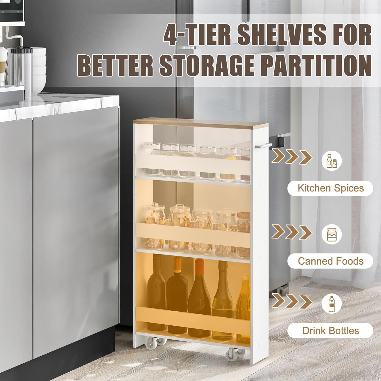 4 Tier Kitchen Storage Trolley Slim Rolling Utility Cart Shelves Wheels