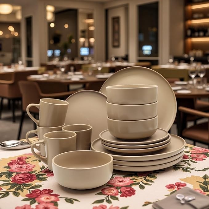 16 Piece Stoneware Dinner Set for 4 Plates Bowls Mugs Brown