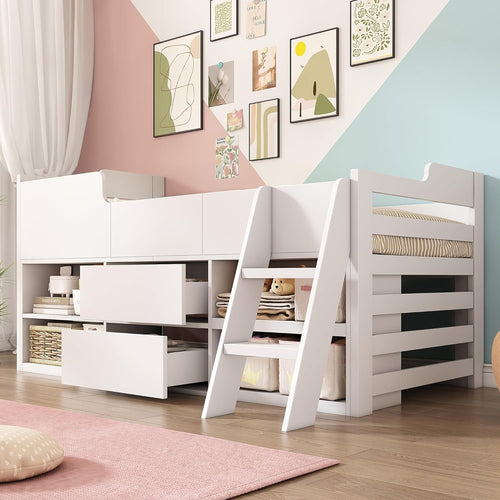 Kids White Mid Sleeper Cabin Bed 3FT w/ Drawers Shelves & Ladder Frame