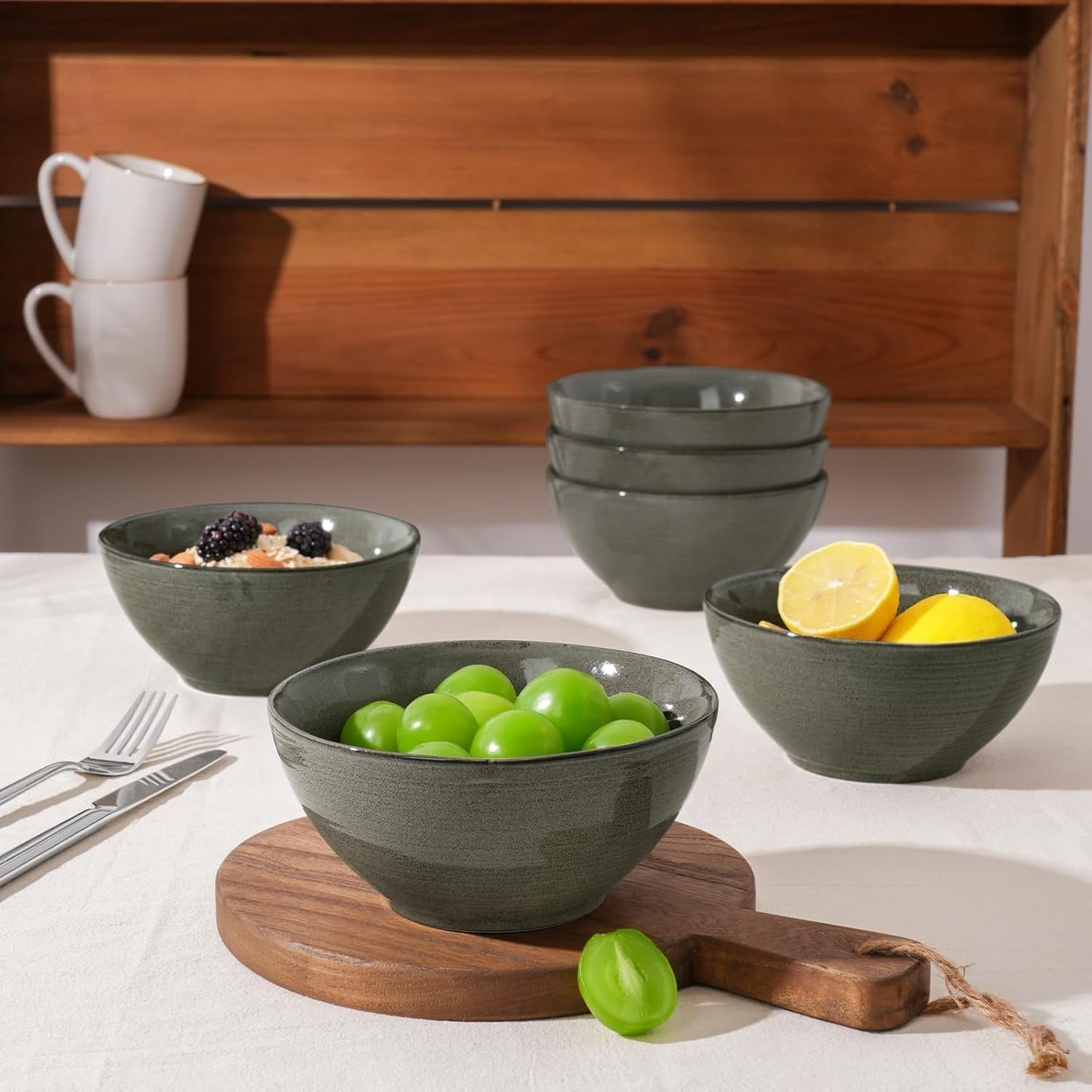 12pc Stoneware Dinnerware Set Plates Bowls Dark Olive Service for 4