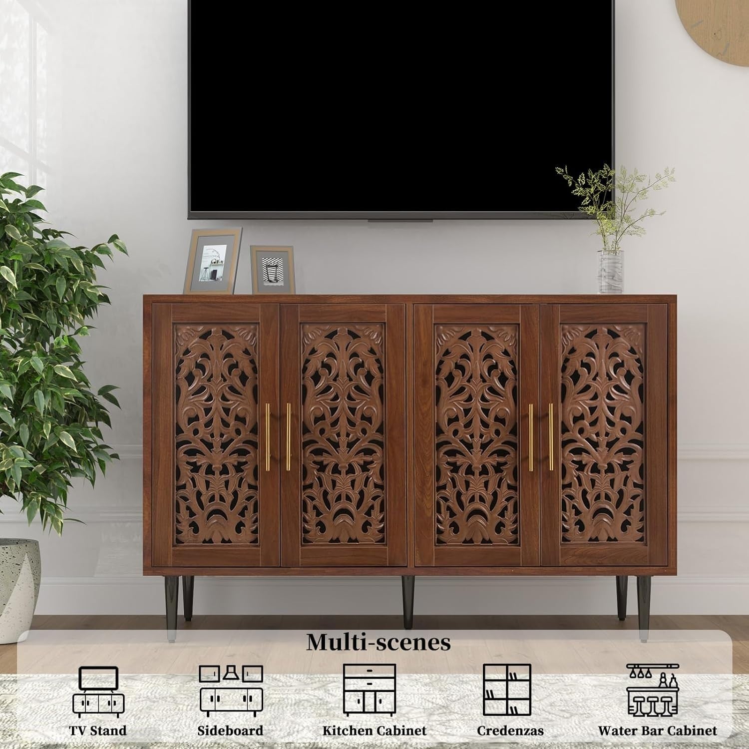 Vintage Brown Sideboard Cabinet 4 Doors Hollow Carved Storage Buffet