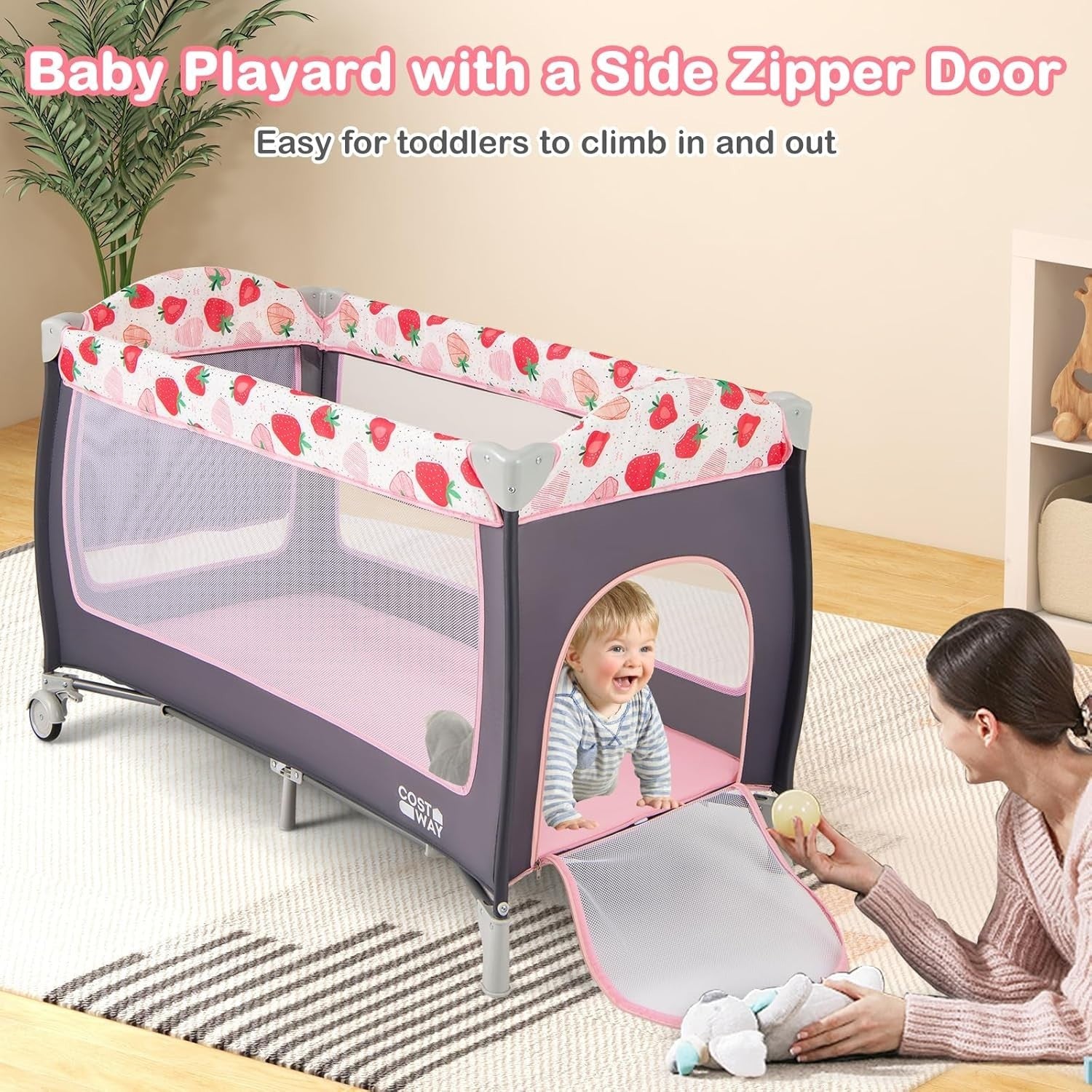 4in1 Travel Cot Baby Bedside Foldable Crib Portable Playard Strawberry Pink