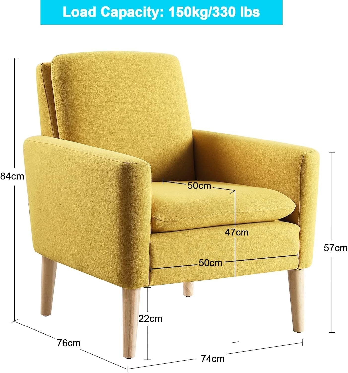 Yellow Lounge Armchair Upholstered with Wood Legs for Living Room Bedroom