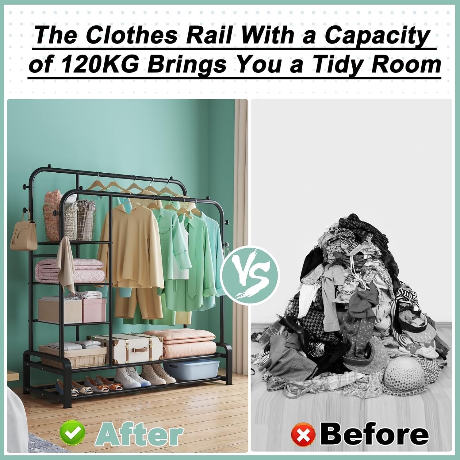 Heavy Duty Clothes Rail with Shelves & Hooks – Black 110×145cm