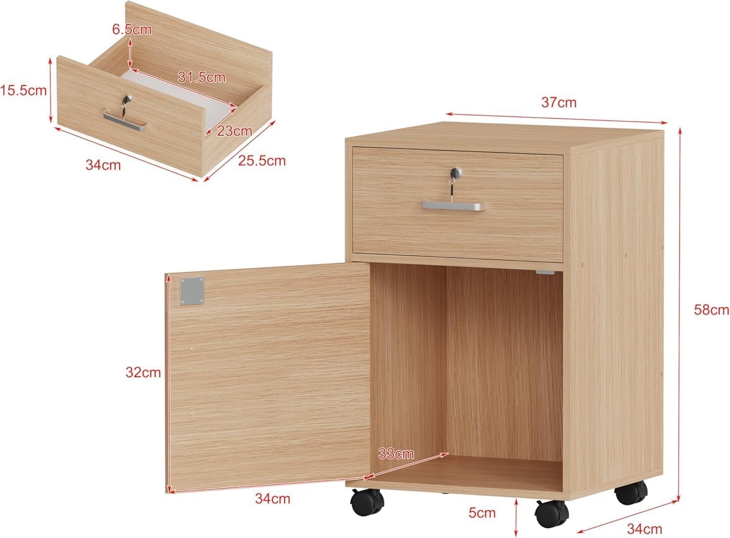 Walnut Locking Mobile File Cabinet Drawer Door Under Desk Storage