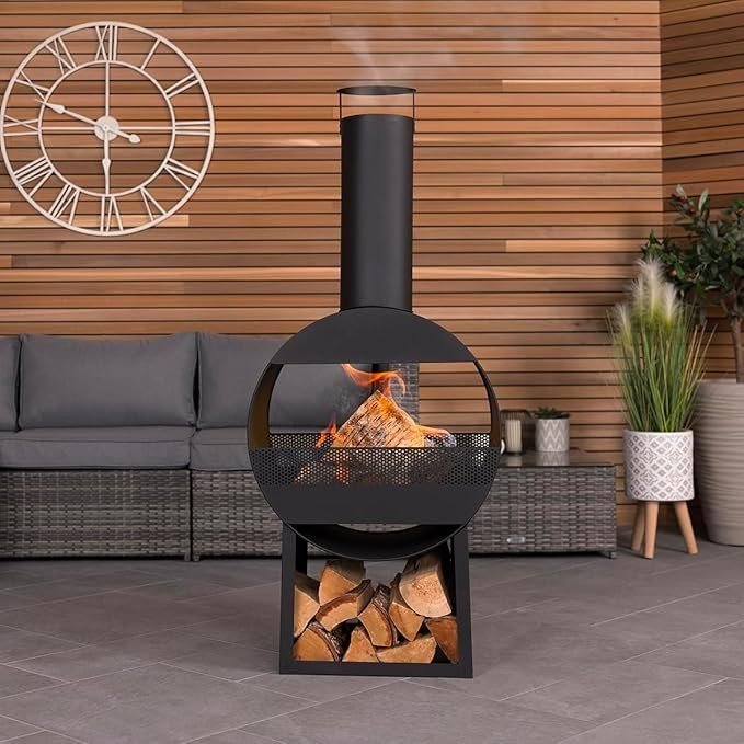 Outdoor Steel Chiminea Patio Heater Fire Pit Wood Charcoal Burner w/ Log Storage