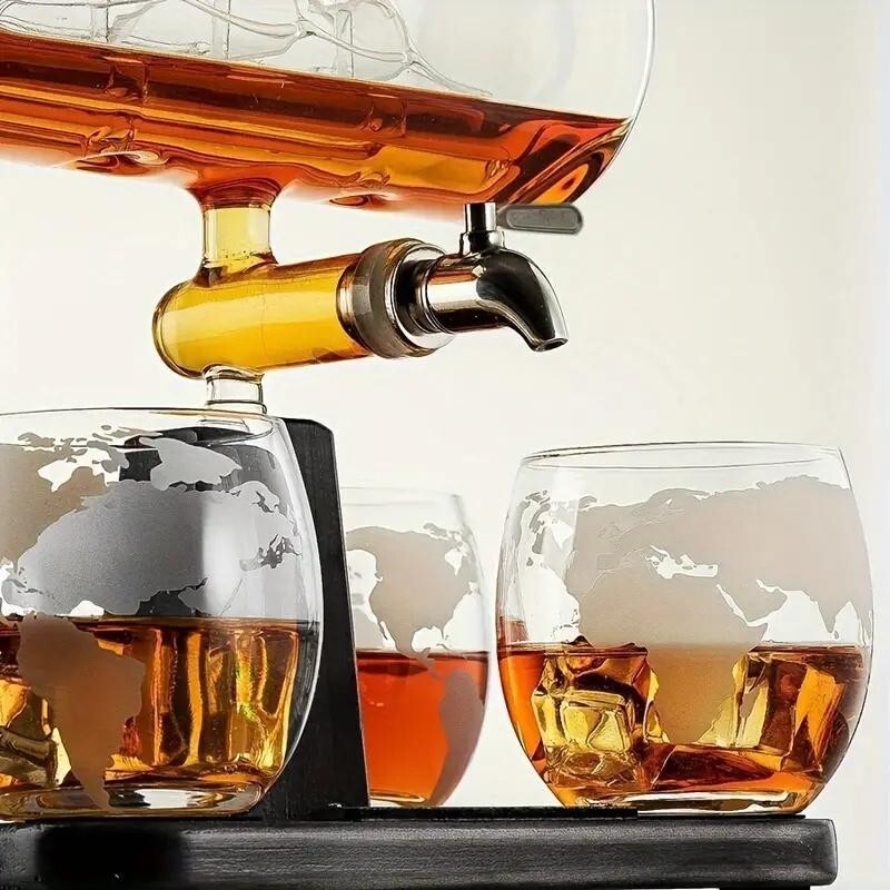 Luxury Globe Whiskey Decanter Set w/ Tap & 4 Glasses Bar Gift Home Party