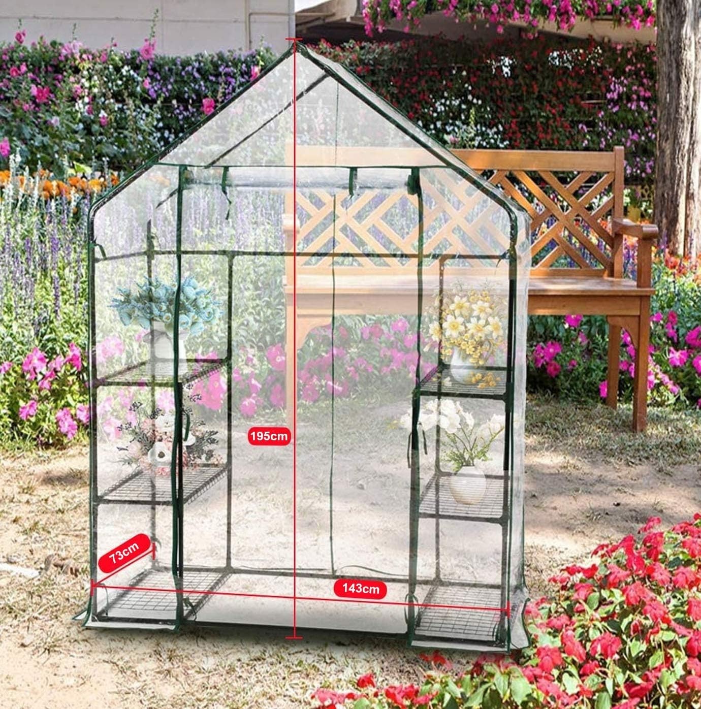 Walk-In Greenhouse with 4 Shelves Reinforced PE Cover Roll-Up Door 143x195cm