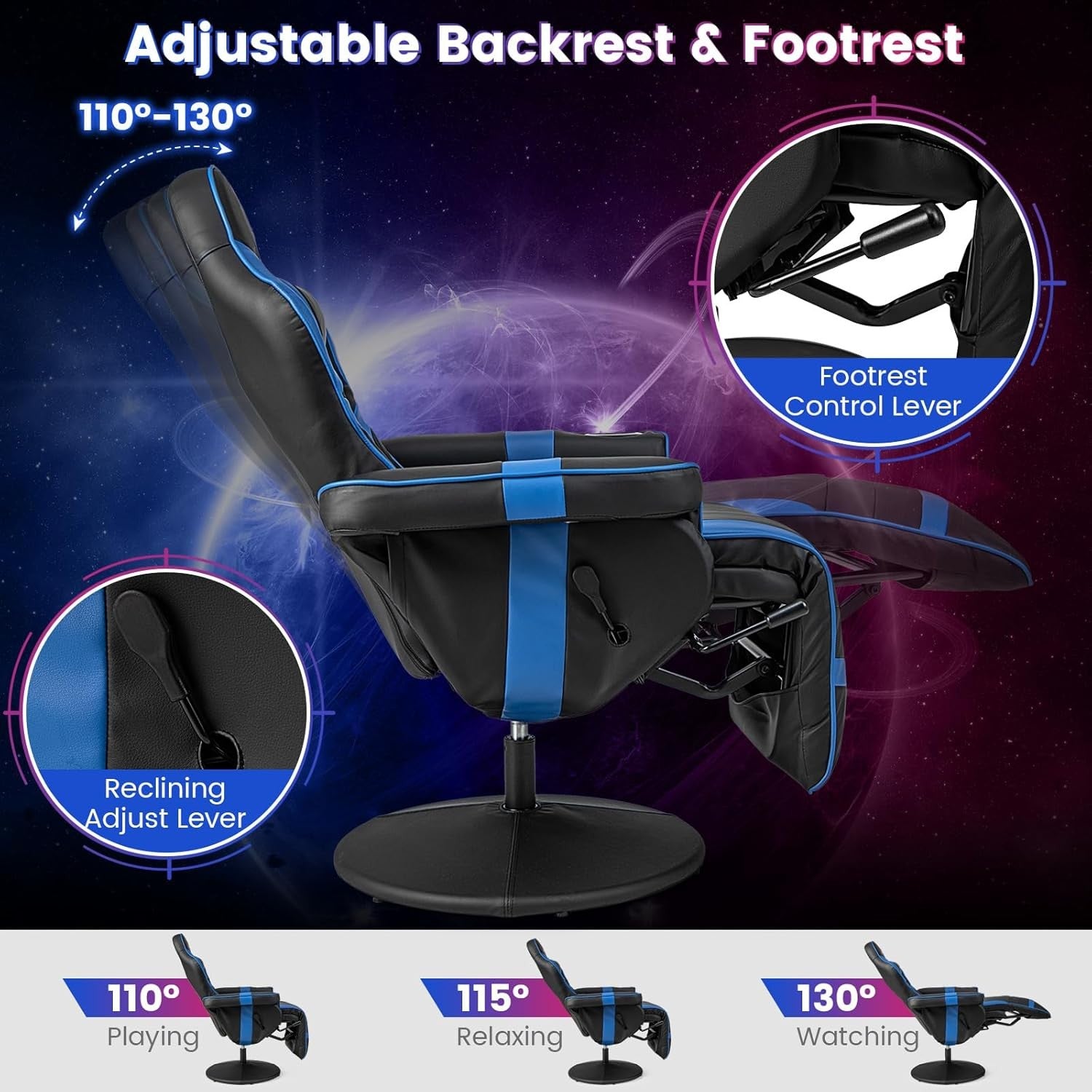 Massage Gaming Chair Recliner w/ Footrest Cup Holder Blue