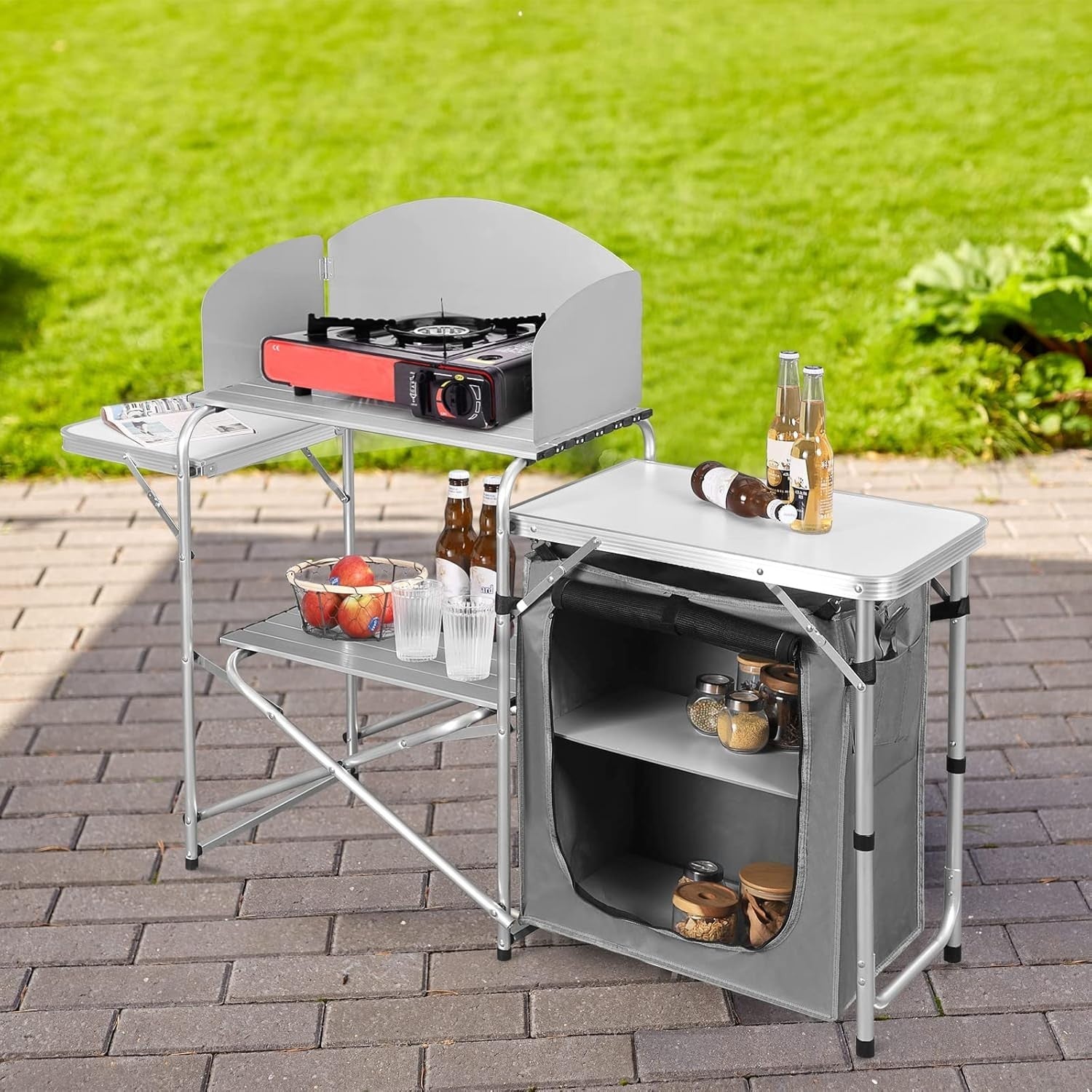 Folding Camping Kitchen Table BBQ Unit w/ Storage, Windshield, Bag