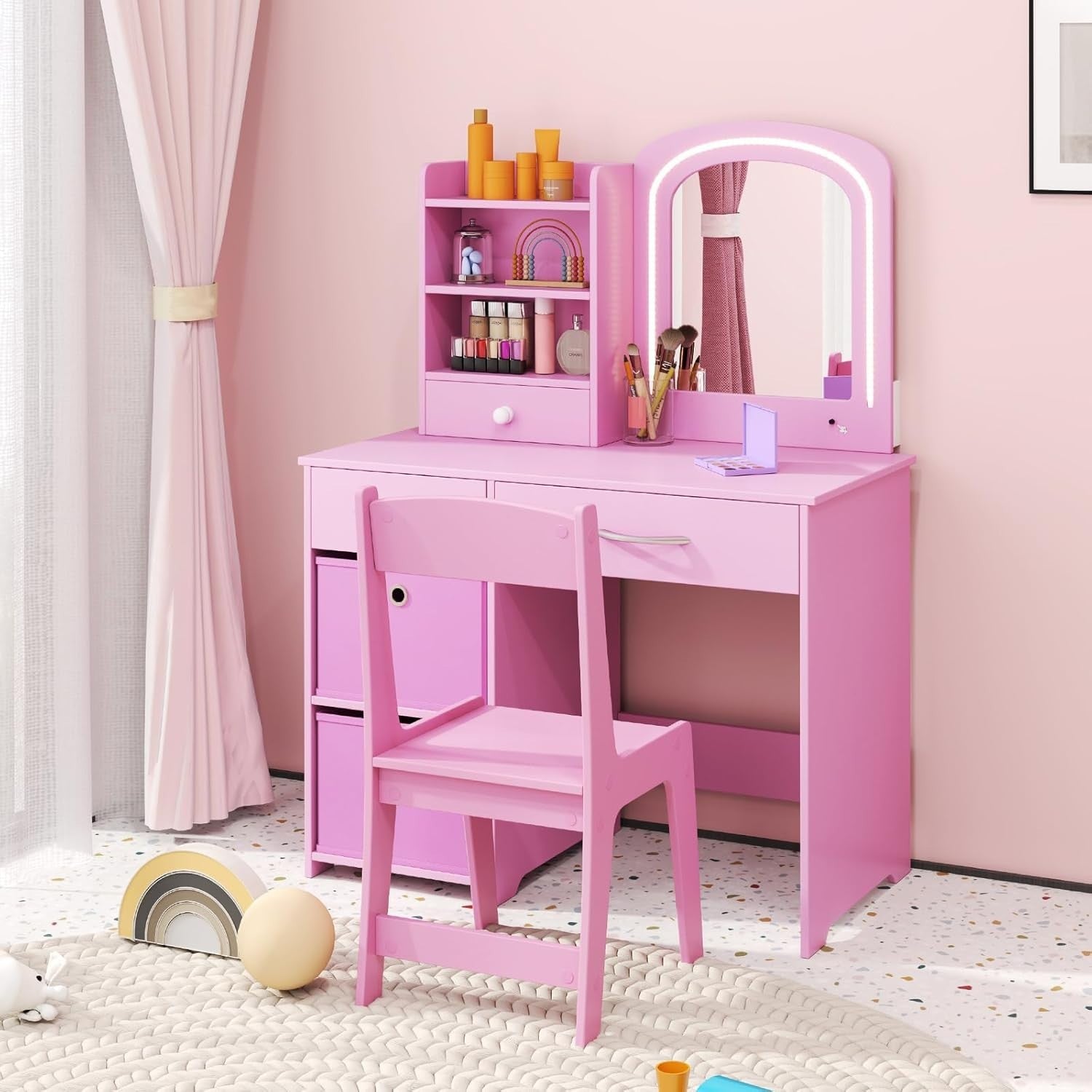 Kids Vanity Table Set with Mirror & Lights 3 Drawers Desk Storage Pink Children'