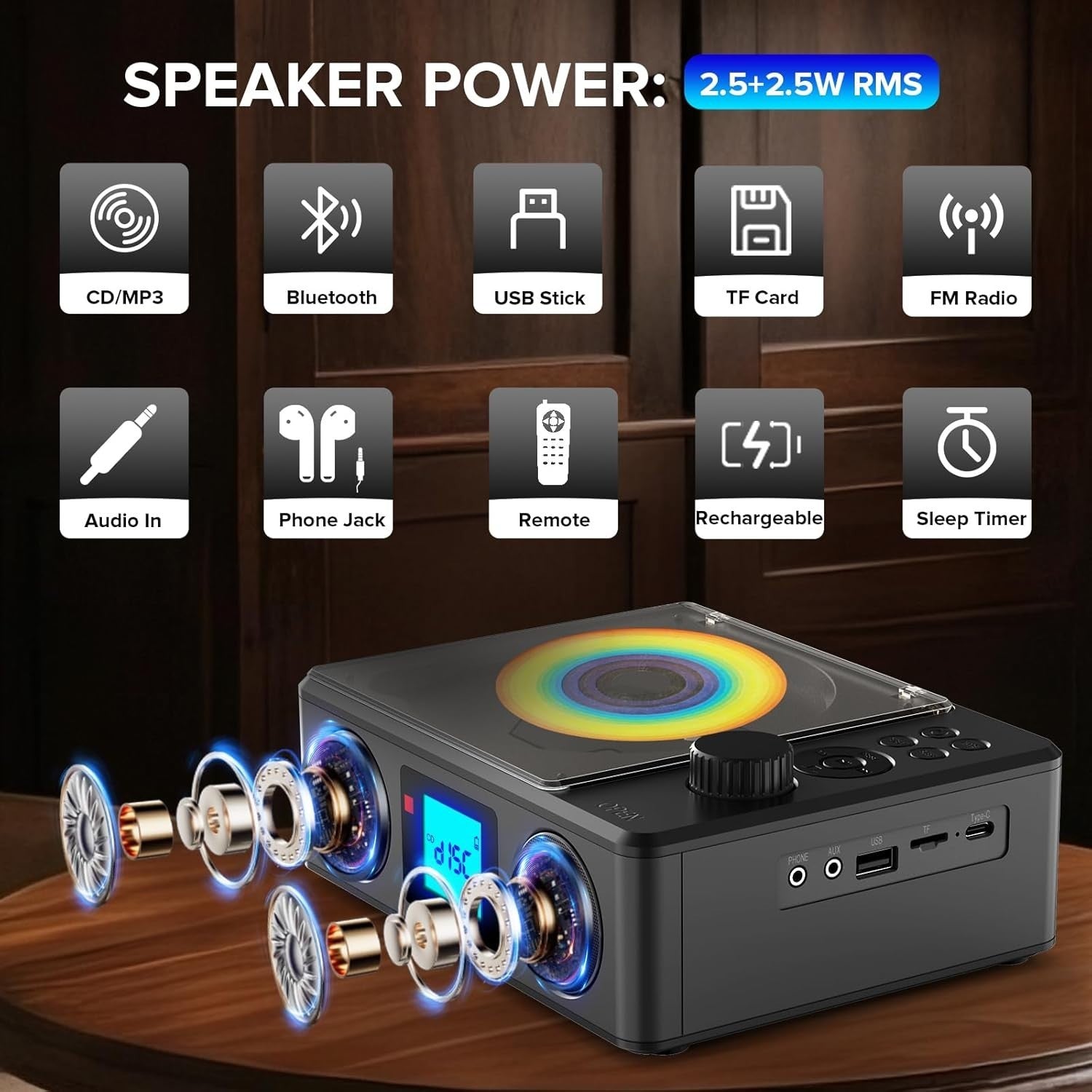 Portable Bluetooth CD Player Rechargeable FM Radio USB TF Stereo Remote
