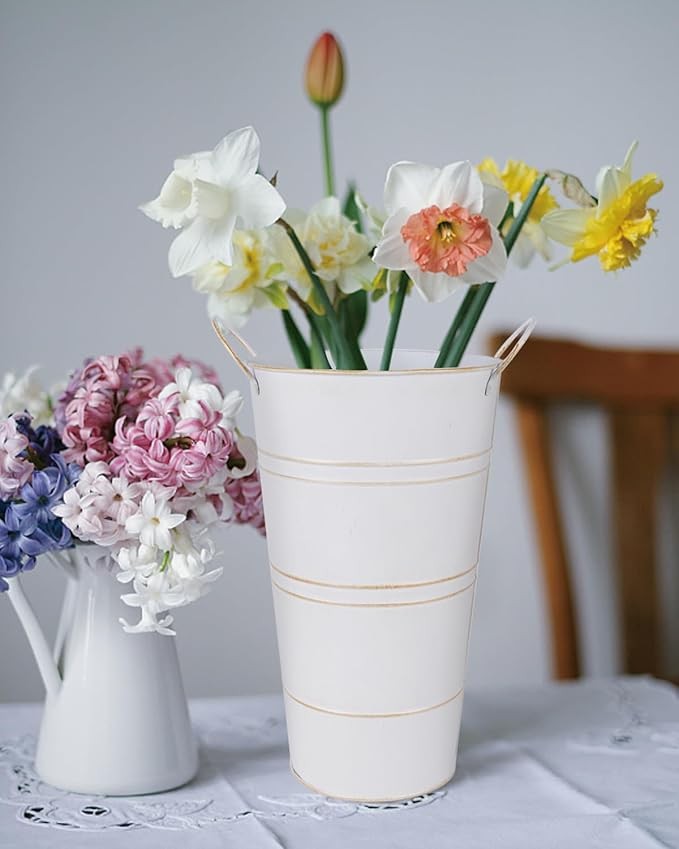 12 Inch White Galvanized Metal Flower Vases Set of 2 Rustic Bucket Planters