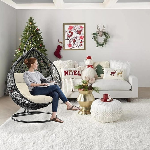 Hanging Egg Chair Outdoor Rattan Swing with Cushion & Steel Frame Garden Patio