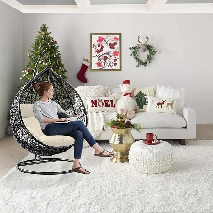 Hanging Egg Chair Outdoor Rattan Swing with Cushion & Steel Frame Garden Patio
