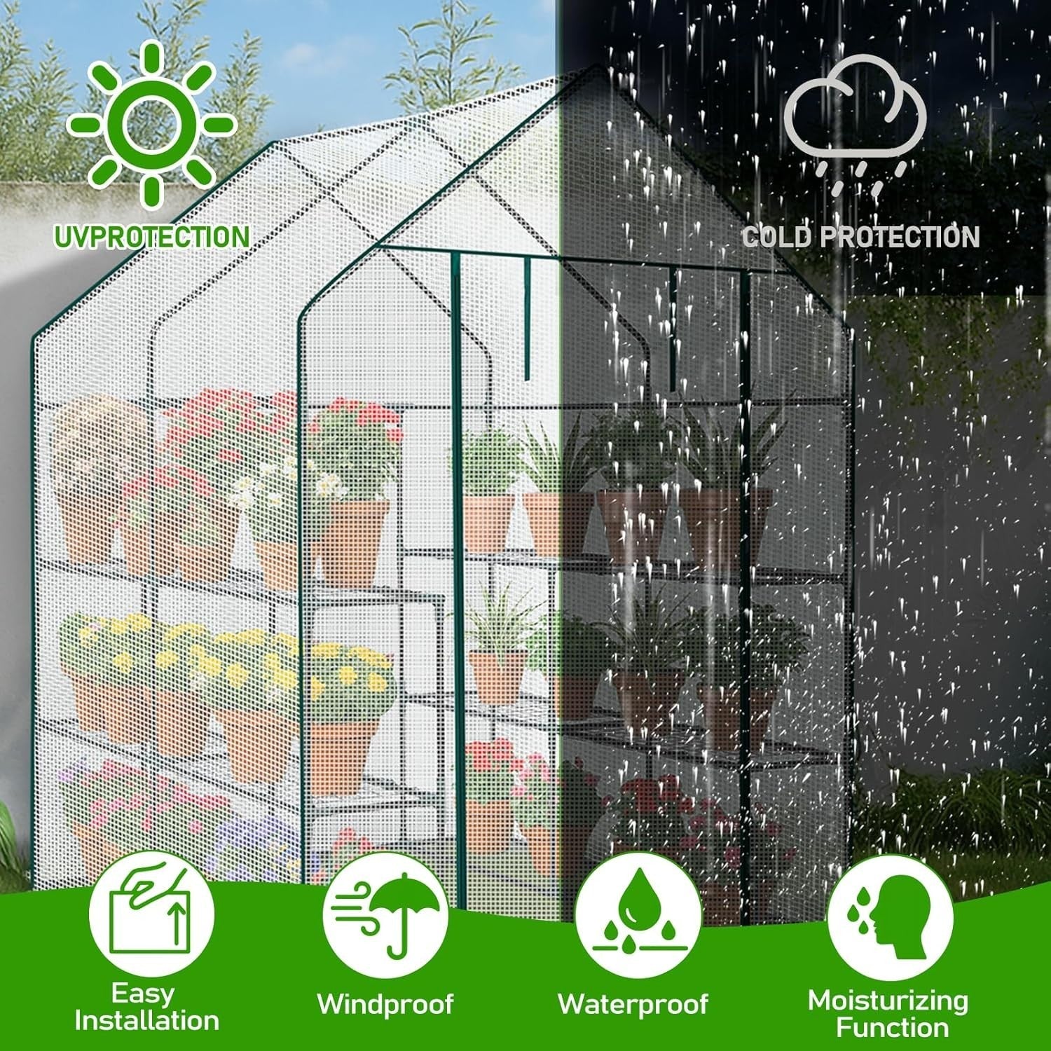Walk-In Greenhouse 3 Tier 8 Shelf White PE Cover Steel Frame Garden Plant Tent