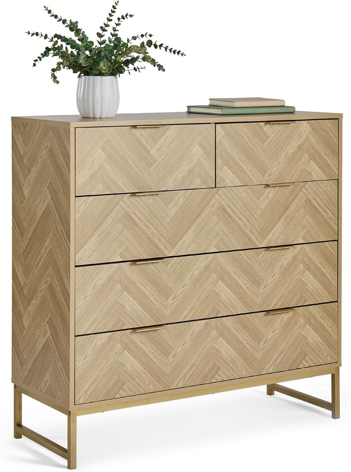 Herringbone 5 Drawer Bedroom Dresser Scandi Wood Effect Storage Cabinet