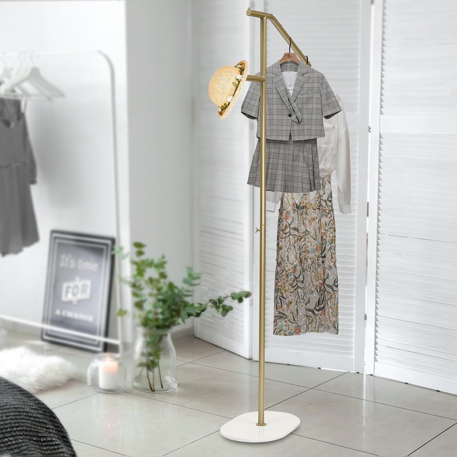 Luxury Gold White Metal Coat Rack 1.7m Marble Base Modern Clothes Stand
