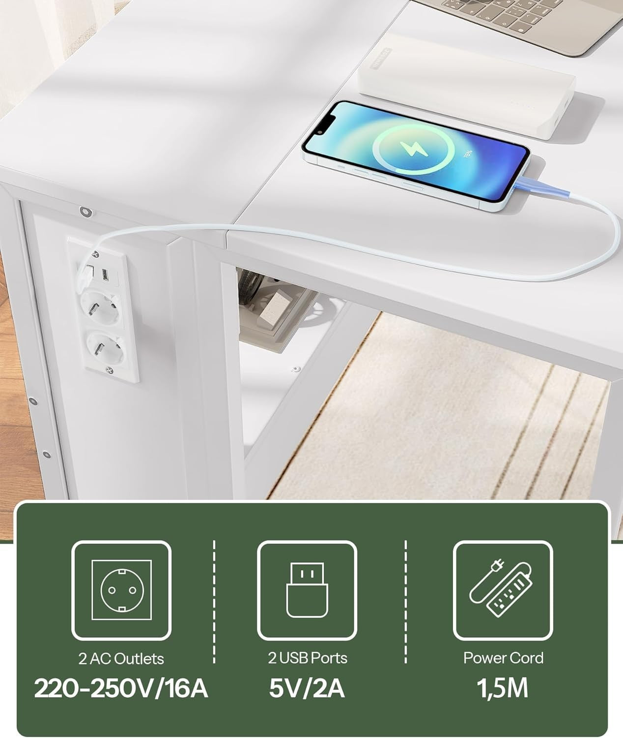 White Folding Computer Desk with Charging Ports & Wheels 80x50cm