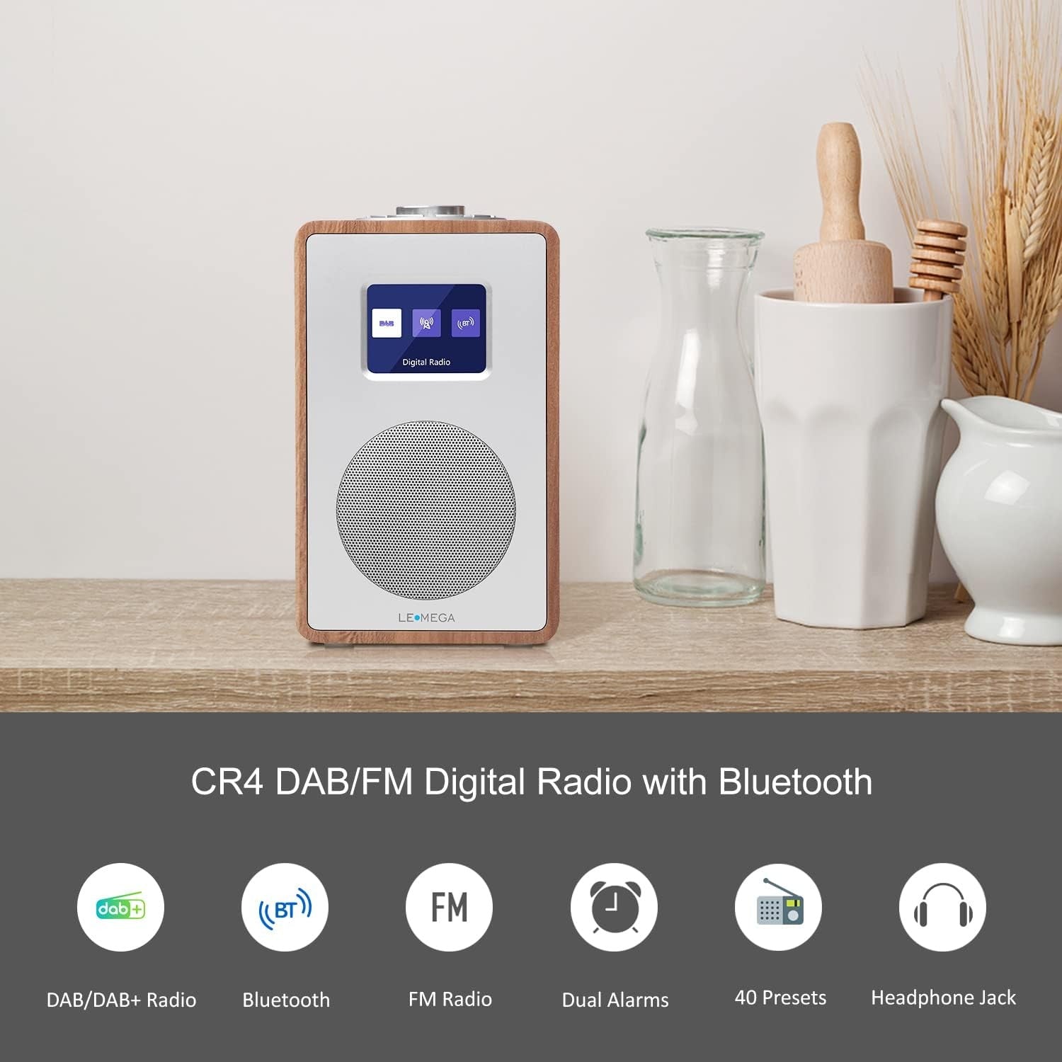 DAB DAB+ FM Digital Radio Bluetooth Dual Alarm Wooden Effect Display
