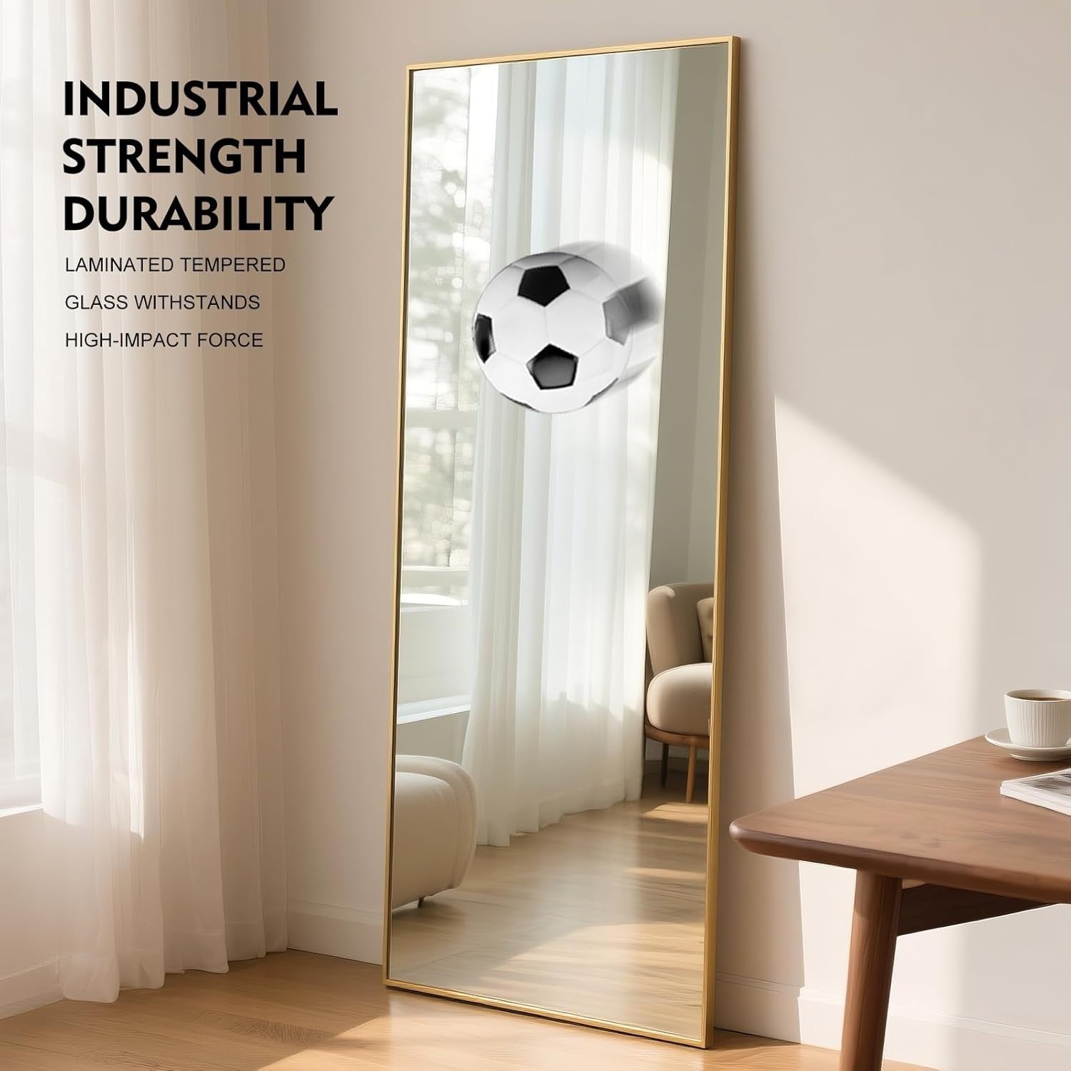 Large Full Length Mirror 165x60cm Gold Frame, Shatterproof Glass Wall Leaning