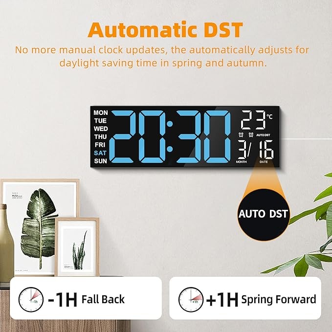 16" RGB Digital Wall Clock Large Display Temp Date Auto-DST Remote Dimmer
