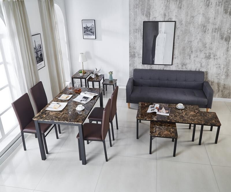 6 Seat Marble Dining Table Set with Faux Leather Chairs in Brown 150cm MDF