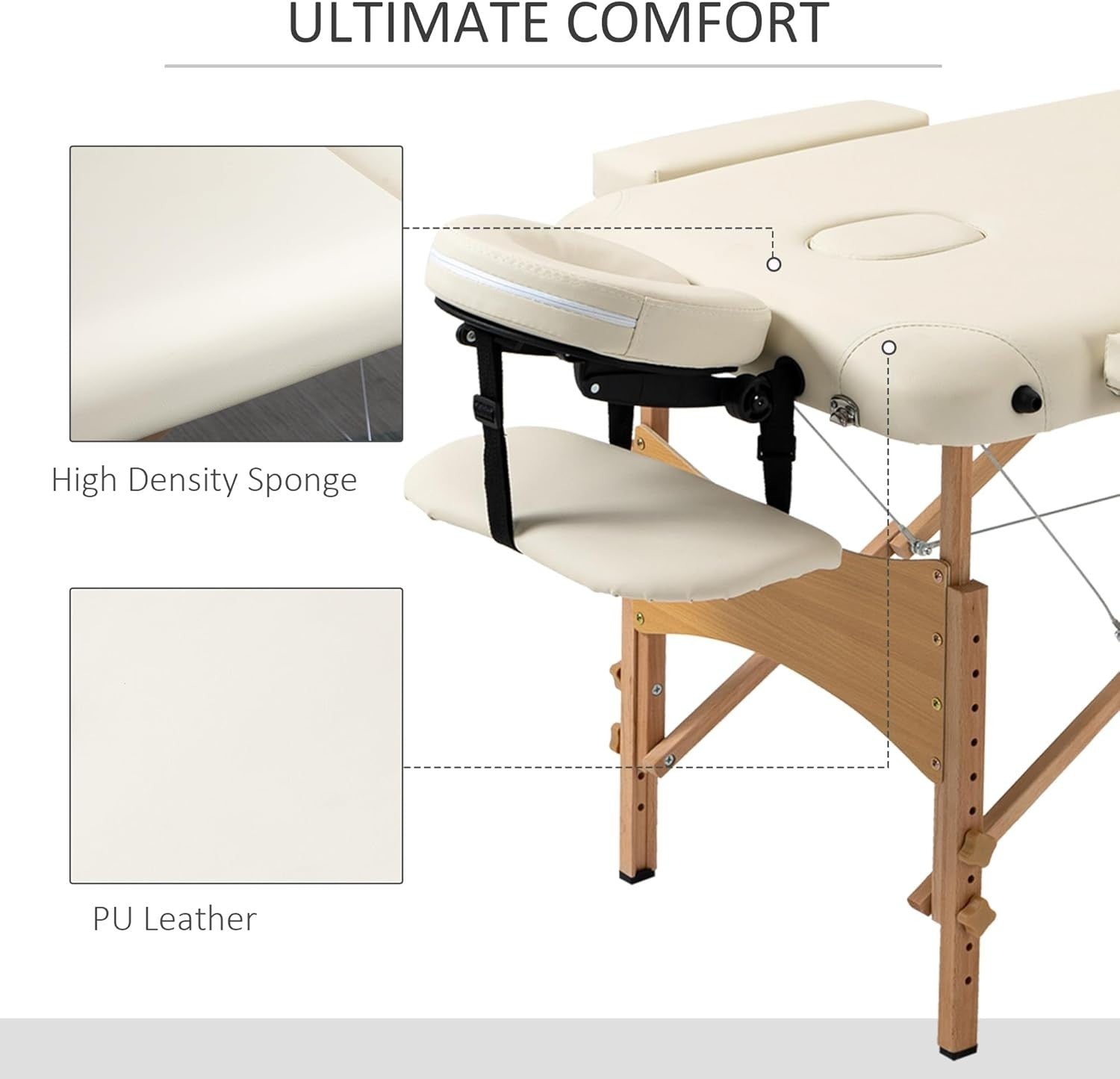 Portable Massage Table Folding 2-Section Wooden Beauty Spa Bed w/ Bag Cream