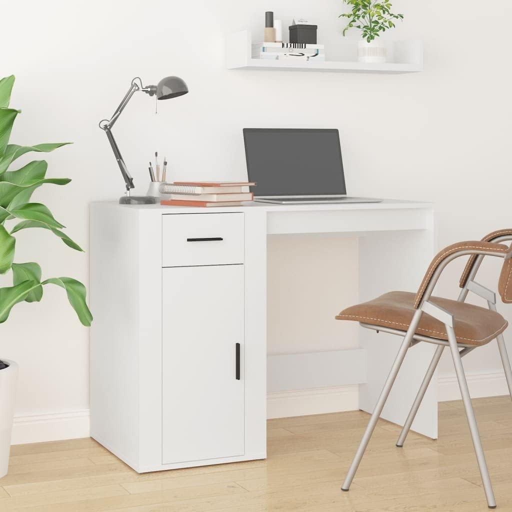 Modern White Office Desk with Drawer 100x49x75cm, Compact Reversible Workstation