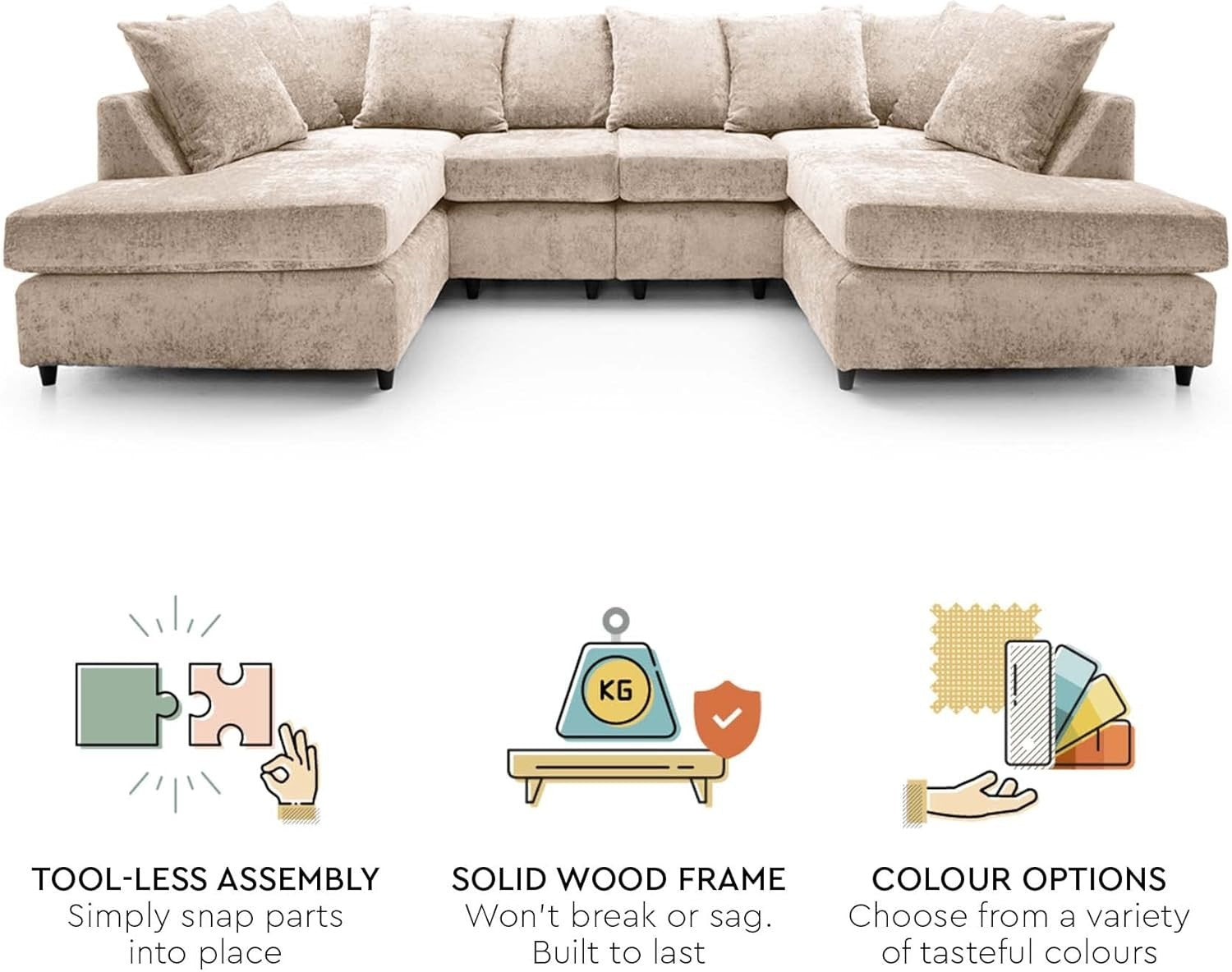 U-Shaped Sofa Cream Chenille w/ Cushions + Footstool | 280x164x90cm Modern