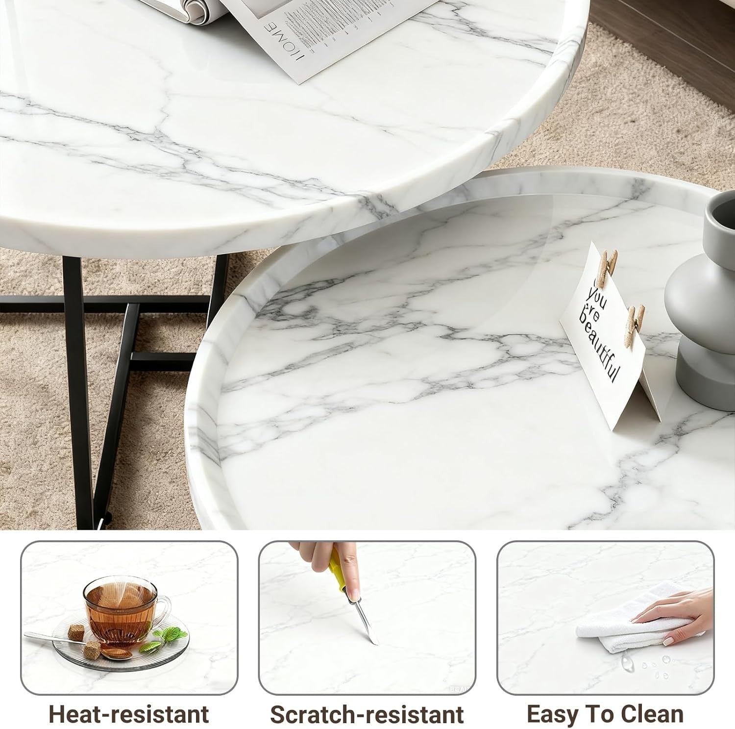 Square Coffee Table Set of 2 White Nesting Side Tables Carbon Steel Frame