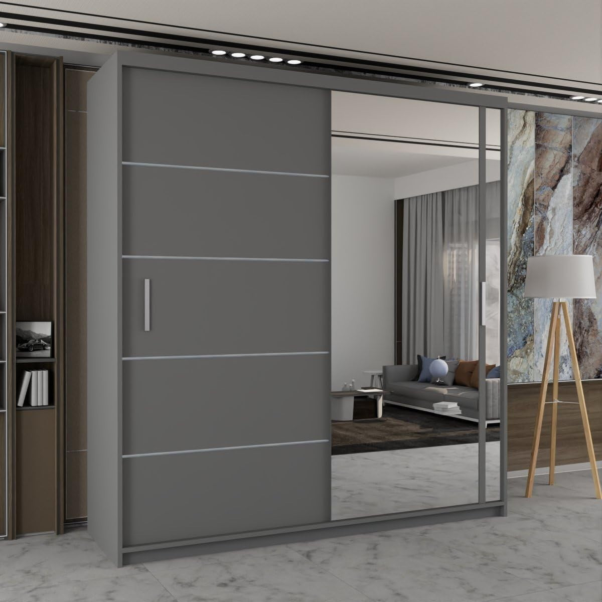 Grey Sliding Mirror Wardrobe 203cm Modern Bedroom Storage Closet