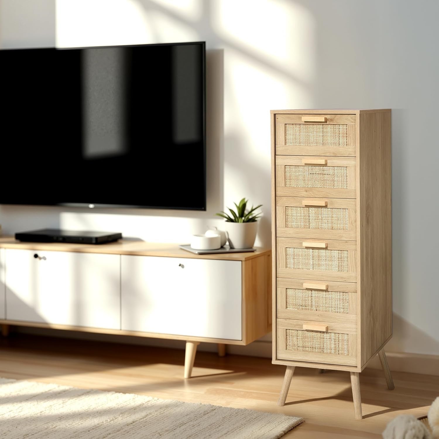 6 Drawer Rattan Chest Bedroom Storage Tall Wooden Legs Compact Organizer
