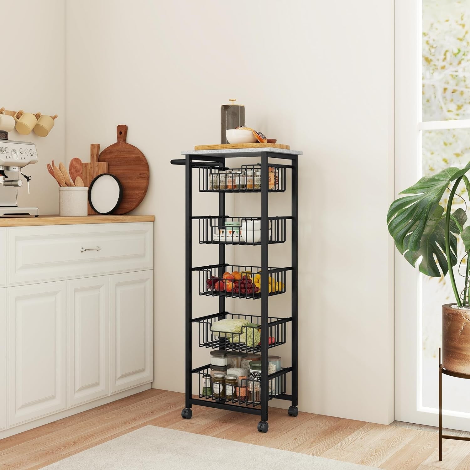 5 Tier Kitchen Storage Trolley with Pull Out Baskets Rolling Utility Cart