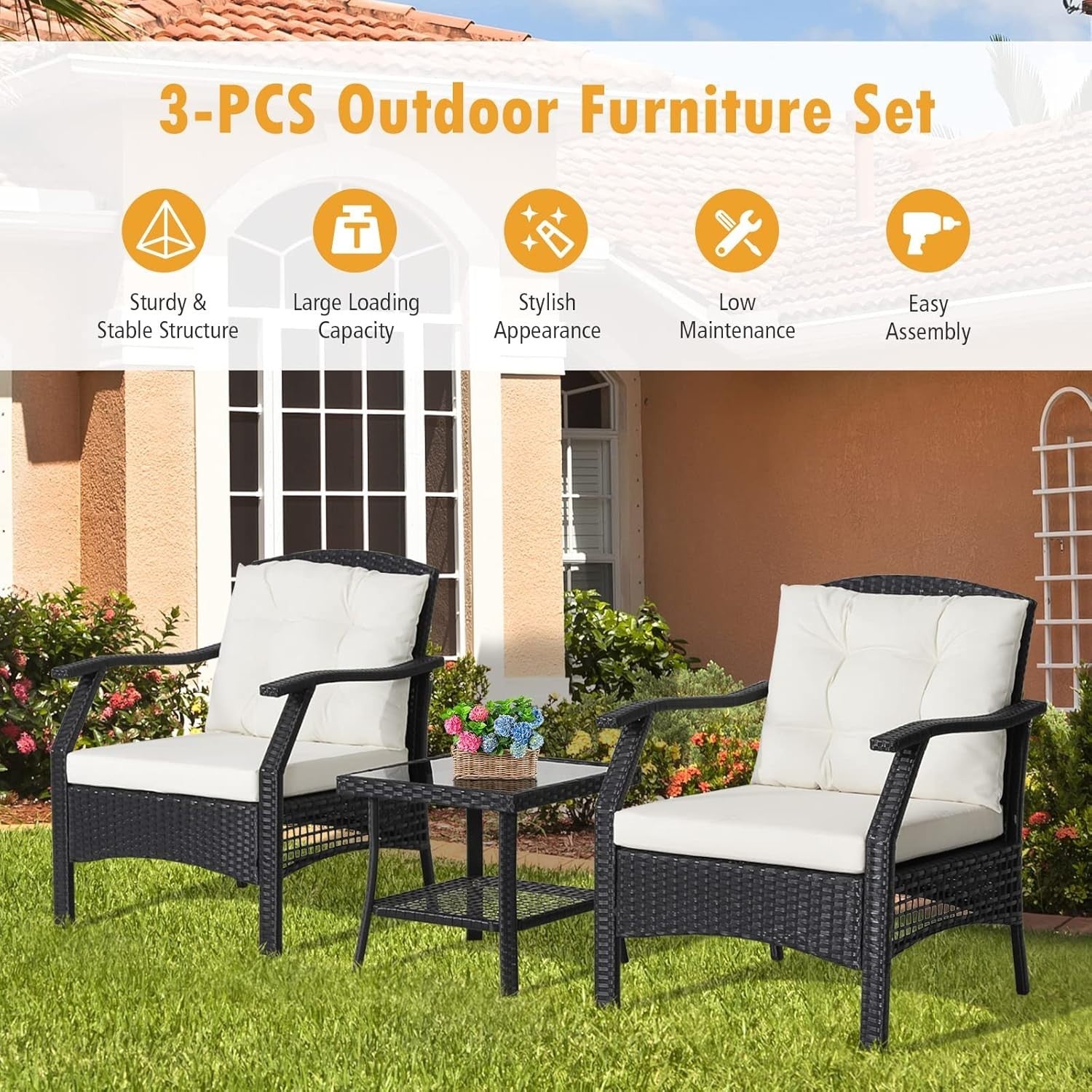 Outdoor Rattan Bistro Set 3-Piece Patio Sofa Table Chairs Cushions Garden