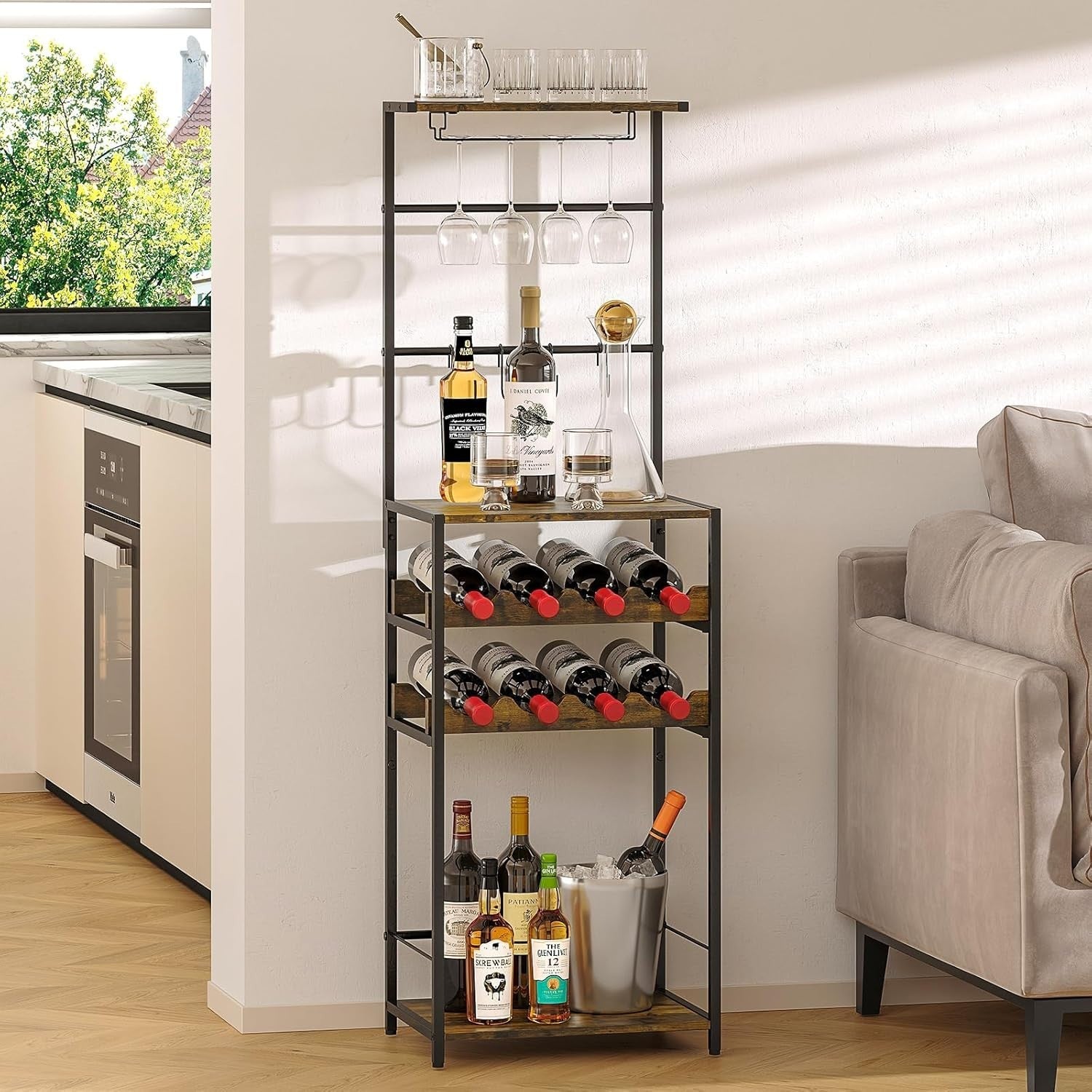 5-Tier Wine Rack with Glass Holder & Hooks, Freestanding Bar Cabinet