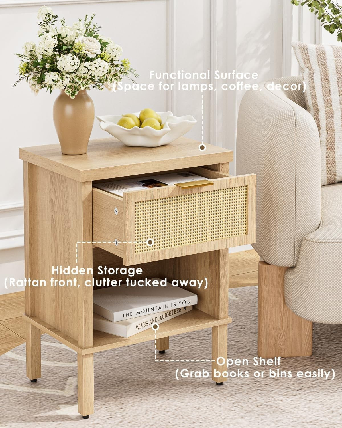 Rattan Wood Bedside Table with Drawer & Shelf – Boho Oak Nightstand