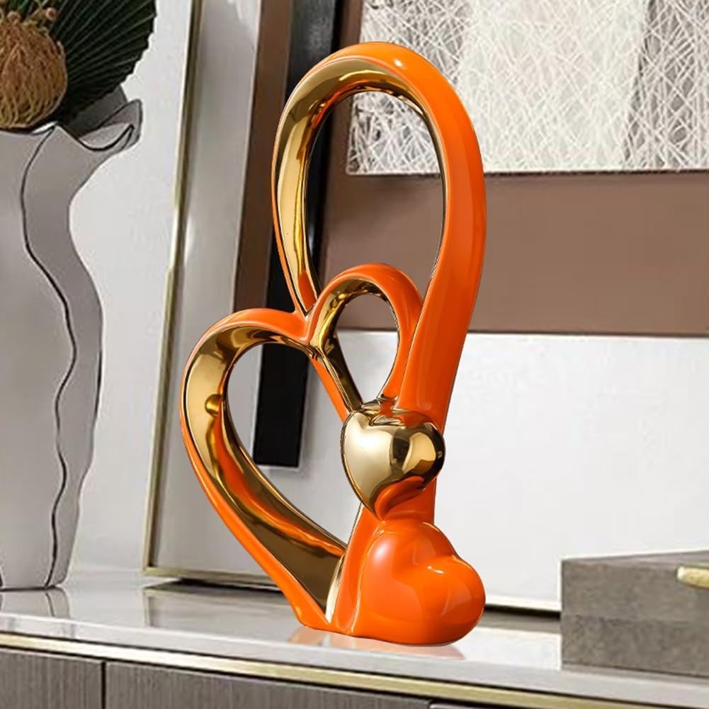 Modern Double Heart Ceramic Sculpture Gold Accent Ornament Romantic Home Decor