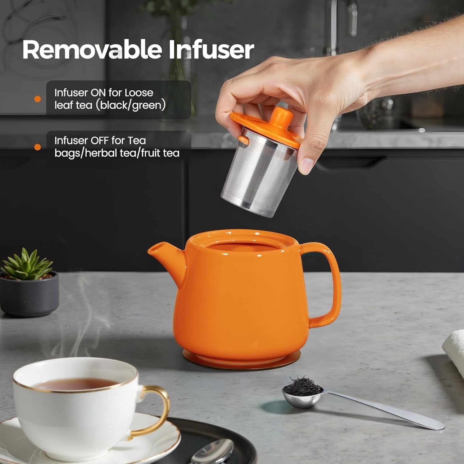 600ml Porcelain Teapot with Infuser Orange Tea Pot Strainer & Coaster