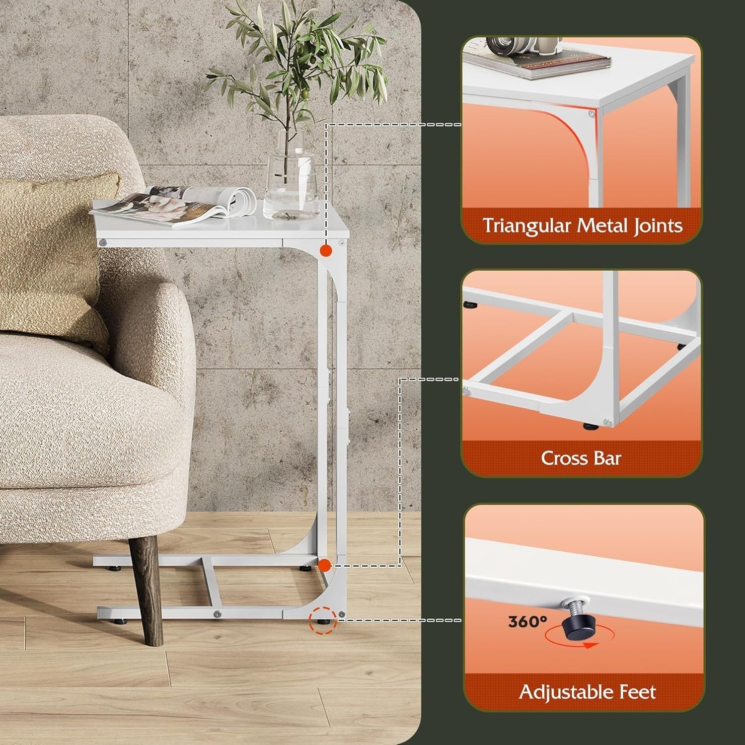 White C Shaped Side Table Sofa Bed Desk Small End Table for Compact Spaces
