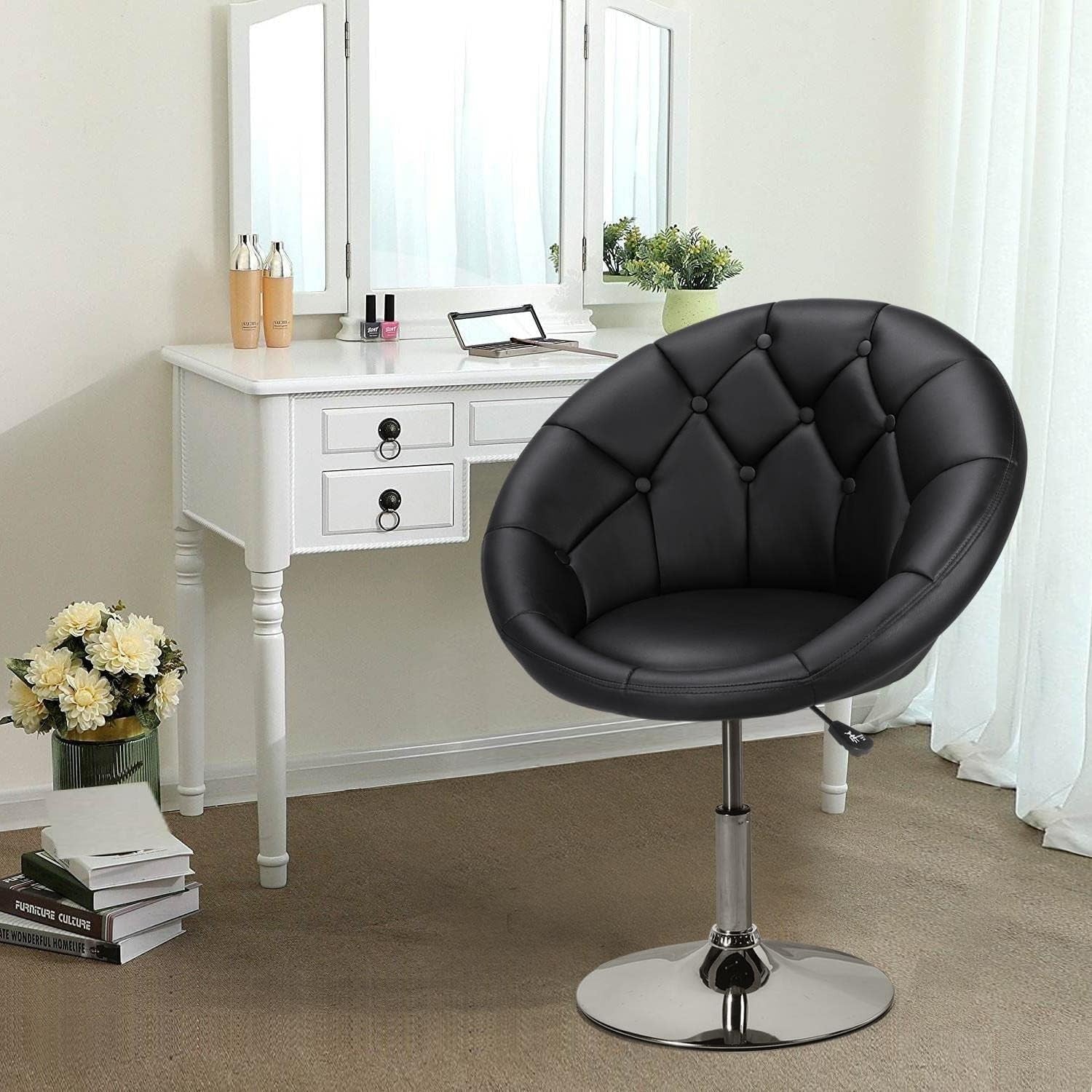 Black PU Leather Swivel Vanity Chair Adjustable Tufted Armchair for Makeup