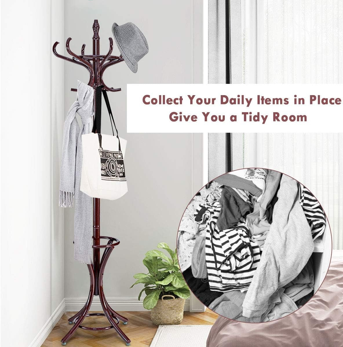 Mahogany Solid Wood Coat Rack with 12 Hooks & Umbrella Holder | Freestanding