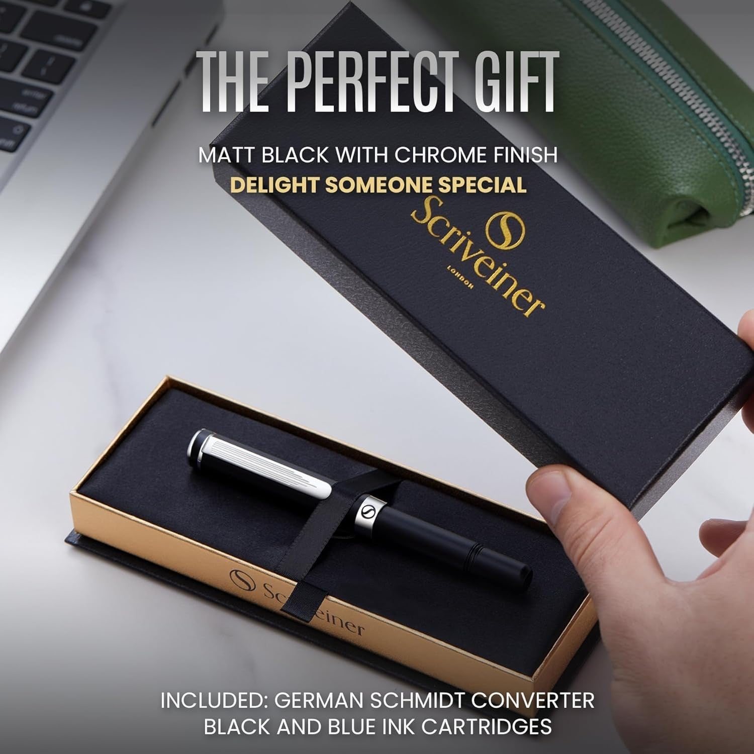 Luxury Fountain Pen Medium Nib Matt Black Chrome Gift Set
