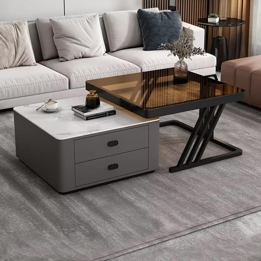 Nesting Coffee Table Set Modern Marble Grain 2-In-1 Round Corner White Brown