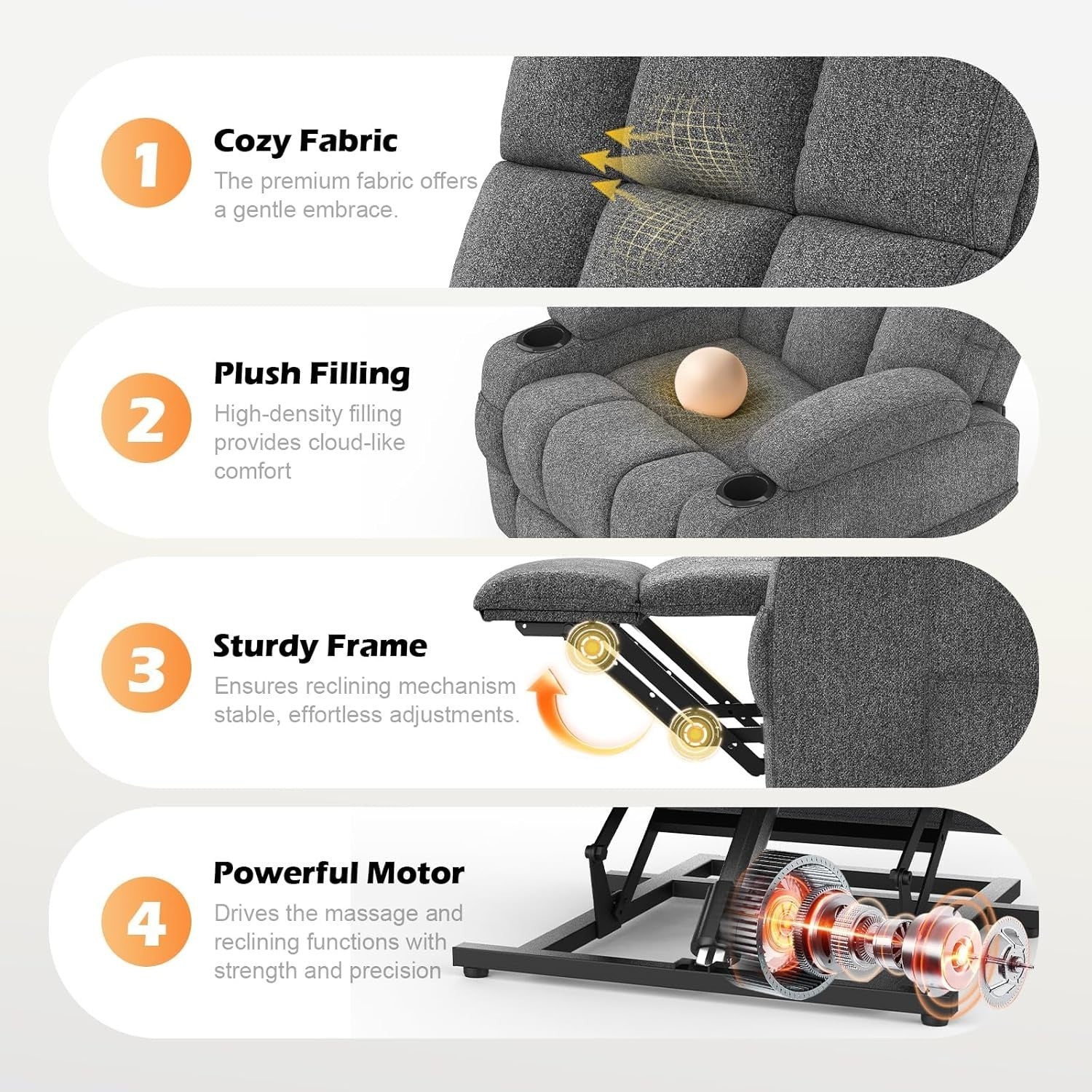 Dark Grey Lift Recliner Chair Elderly Massage Heat USB Cup Holders Footrest