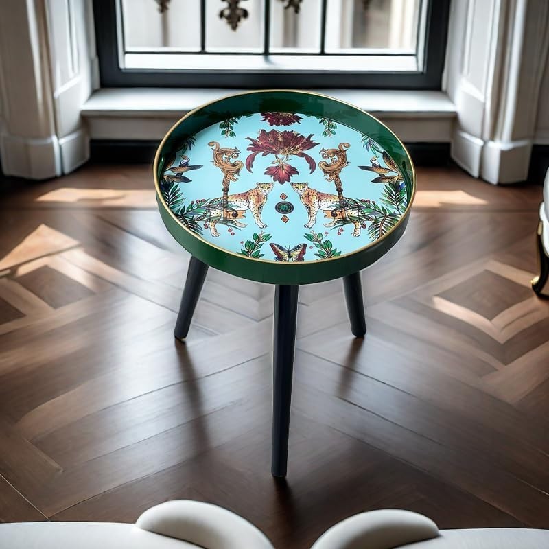 Round Side Table with Detachable Legs – 50x38x38cm Green Leopard