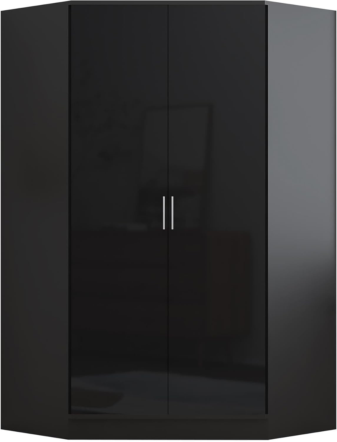Black Gloss Corner Wardrobe 2 Door with Hanging Rails & Shelves, Space Saver