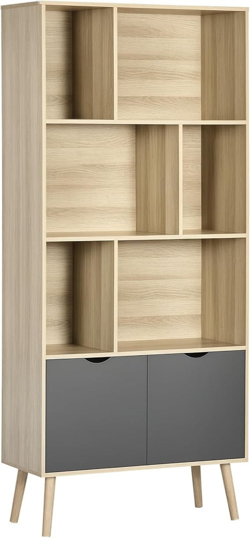 Modern Freestanding Bookcase with Cabinet, 6 Open Shelves, Tall Storage Unit