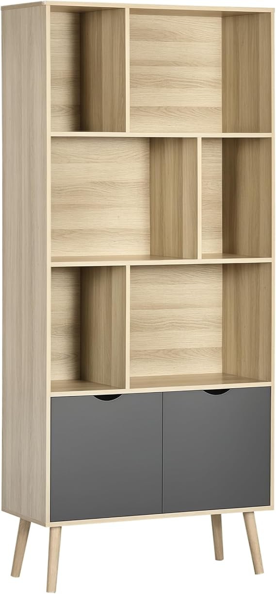 Modern Freestanding Bookcase with Cabinet, 6 Open Shelves, Tall Storage Unit