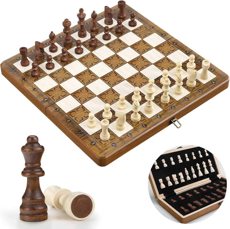 12" Wooden Chess Set Foldable Board Magnetic Handmade Pieces Extra Queens Travel